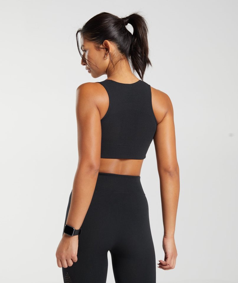 Women's Gymshark Warp Knit Cropped Tops Black | NZ 6QPJFO